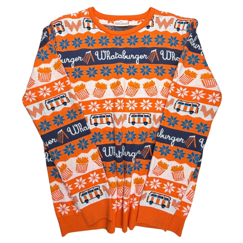 Whataburger Mens Ugly Christmas Sweater Orange White Fair Isle French Fries XL‎